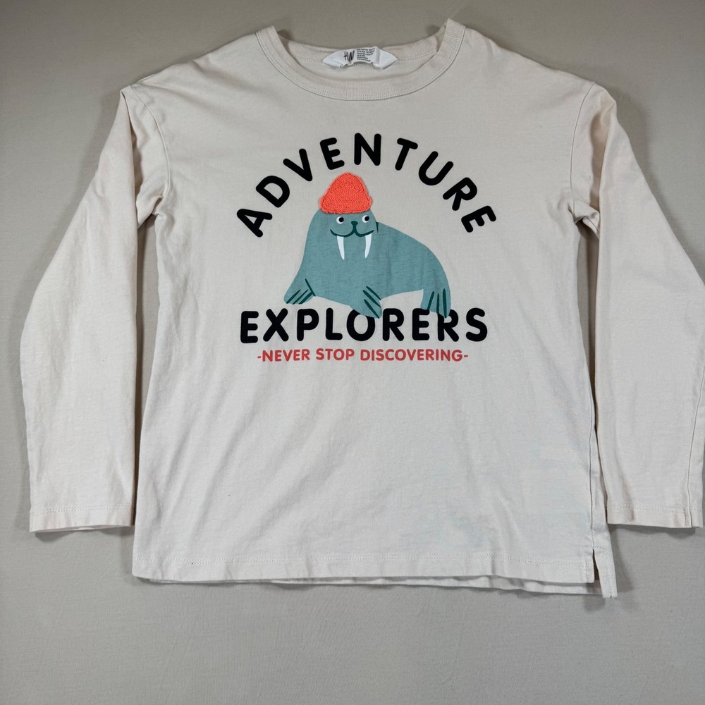 HM Kids Adventure Explorers Walrus Long Sleeve Tee Cream Beige Size 8-10Y